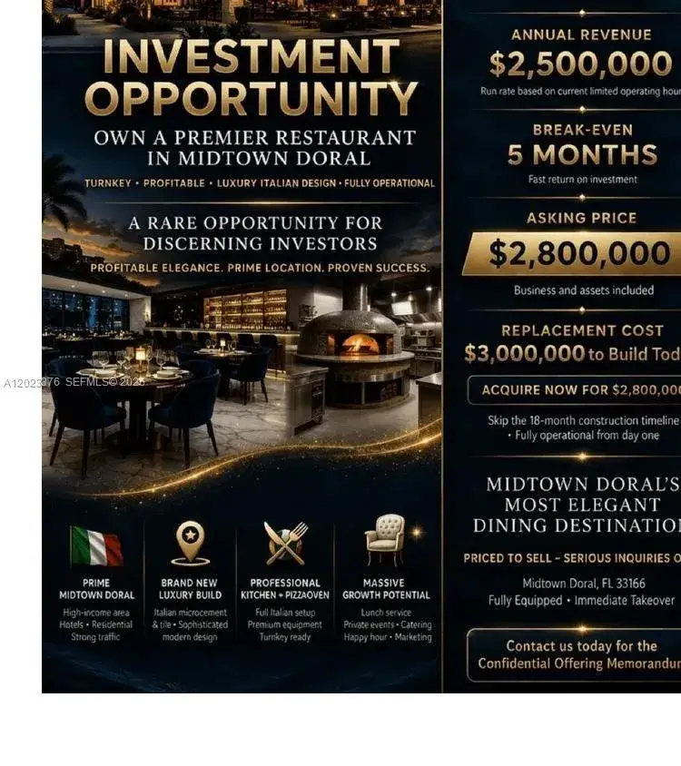 Business Opportunity for sale at DORAL ITALIAN RESTAURANT, Doral FL 33178
