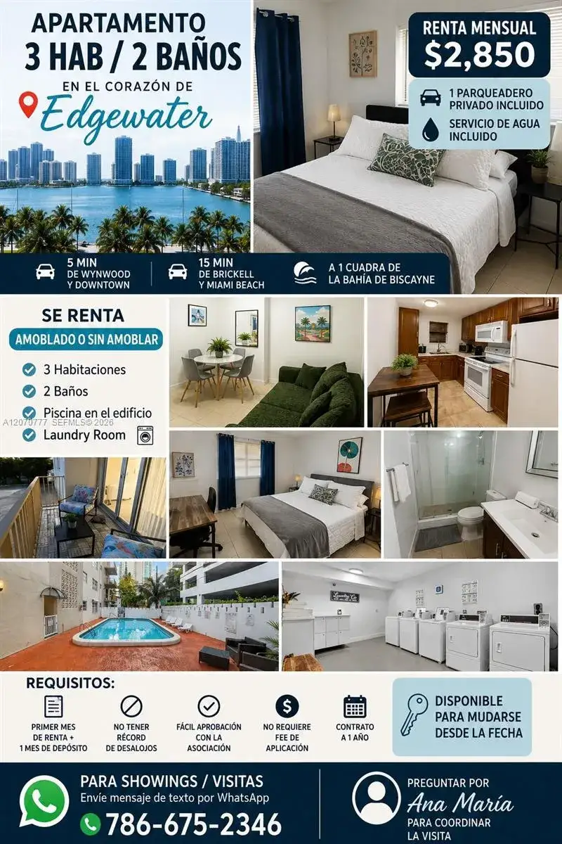 3 bedroom 2 bath Residential Lease for rent at 500 NE 26th St # 2C, Miami FL 33137
