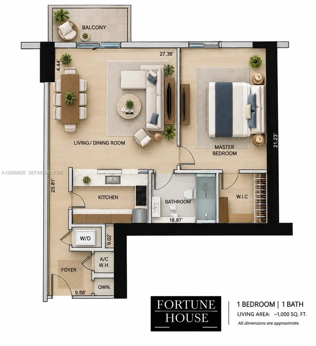 1 bedroom 1 bath Residential Lease for rent at 185 SE 14th Ter # 1713, Miami FL 33131