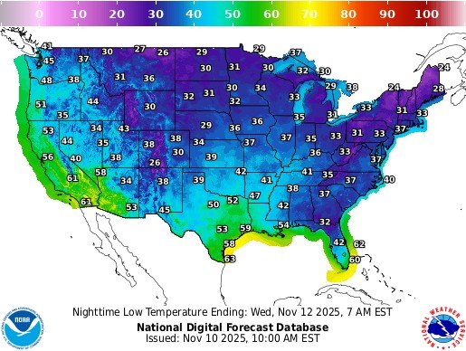 National Weather Service map of temperature drops across the country in November.