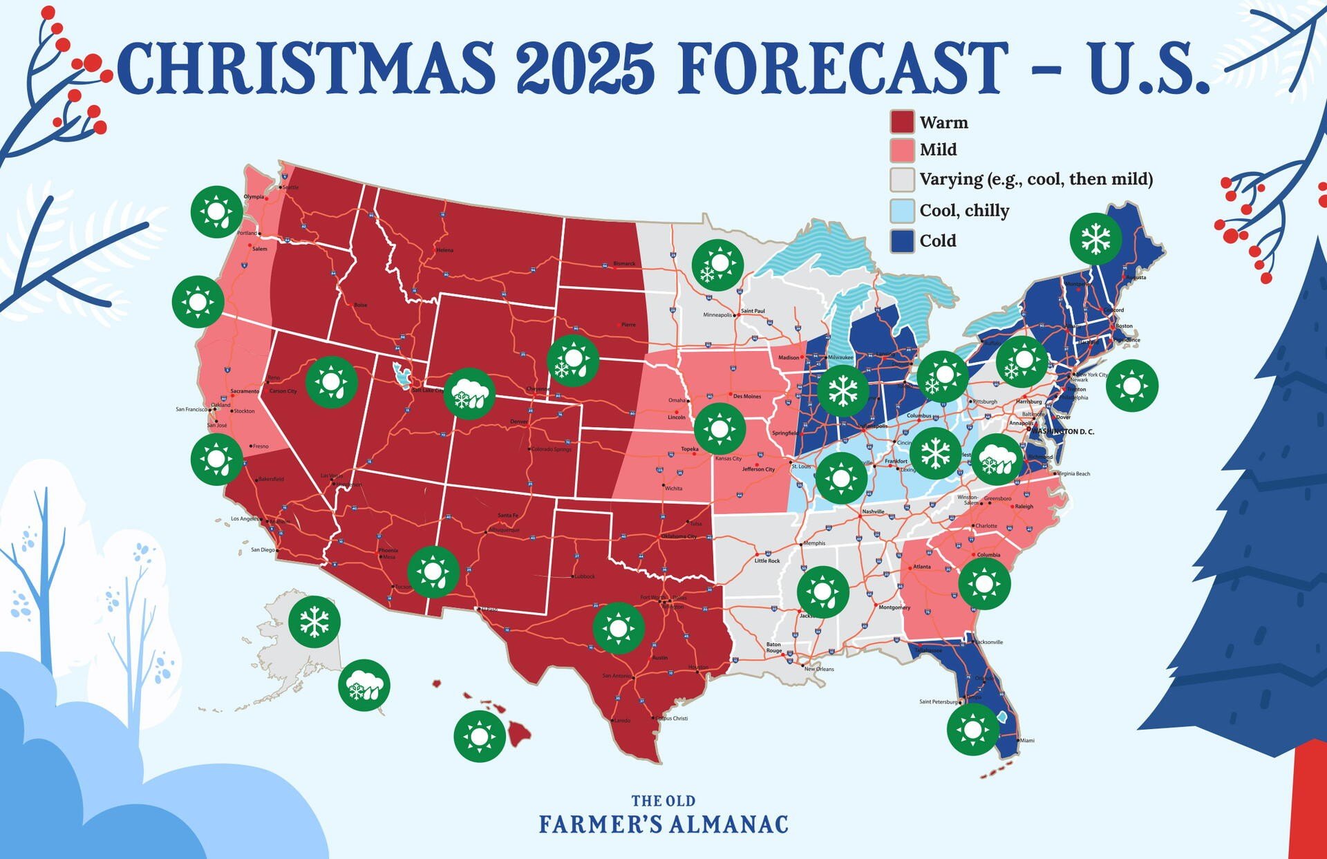 Christmas 2025 Weather map provided by the Old Farmer's Almanac