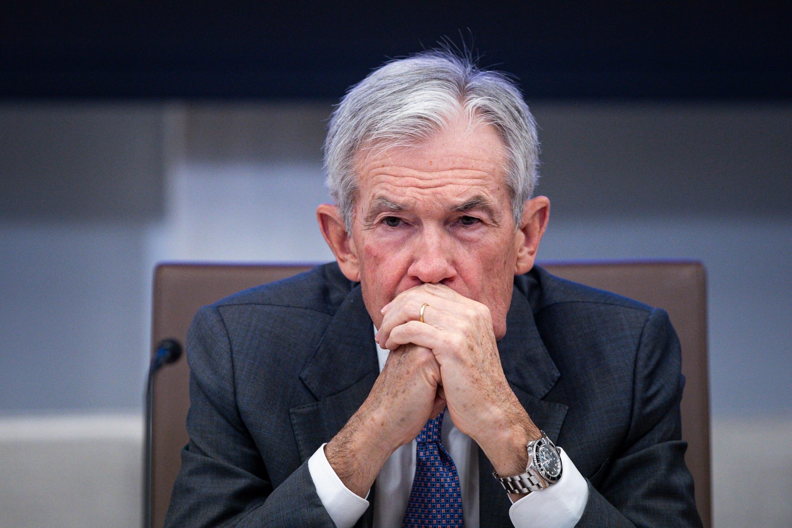 Jerome Powell, chairman of the US Federal Reserve, with his face resting on his hands